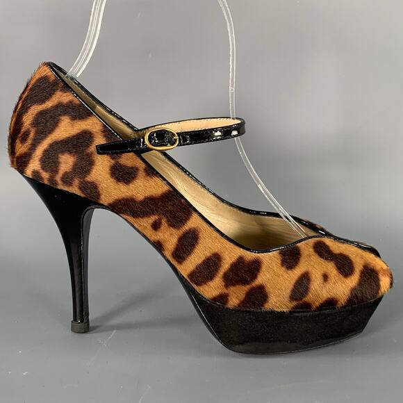 YVES SAINT LAURENT 6 Tribute Brown Black Calf Hair Animal Print Platform Sandals - Picture 2 of 8